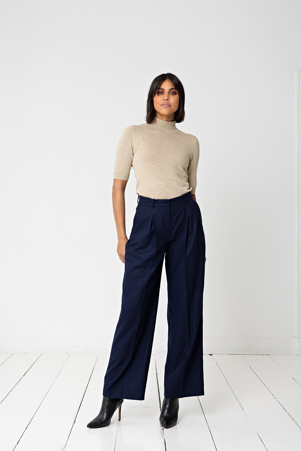 suitss me/ wollen bandplooi broek dames/ navy